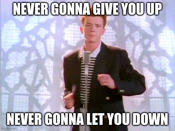 rickrolling | NEVER GONNA GIVE YOU UP NEVER GONNA LET YOU DOWN | image tagged in rickrolling | made w/ Imgflip meme maker