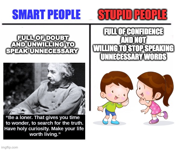 comparison table | STUPID PEOPLE; SMART PEOPLE; FULL OF CONFIDENCE AND NOT WILLING TO STOP SPEAKING UNNECESSARY WORDS; FULL OF DOUBT AND UNWILLING TO SPEAK UNNECESSARY | image tagged in comparison table | made w/ Imgflip meme maker