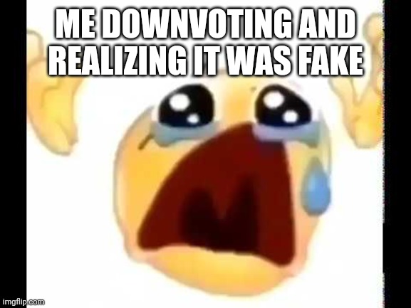 cursed crying emoji | ME DOWNVOTING AND REALIZING IT WAS FAKE | image tagged in cursed crying emoji | made w/ Imgflip meme maker