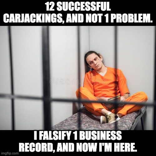 Justice! | 12 SUCCESSFUL CARJACKINGS, AND NOT 1 PROBLEM. I FALSIFY 1 BUSINESS RECORD, AND NOW I'M HERE. | image tagged in injustice | made w/ Imgflip meme maker