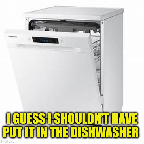 Dishwasher | I GUESS I SHOULDN’T HAVE PUT IT IN THE DISHWASHER | image tagged in dishwasher | made w/ Imgflip meme maker
