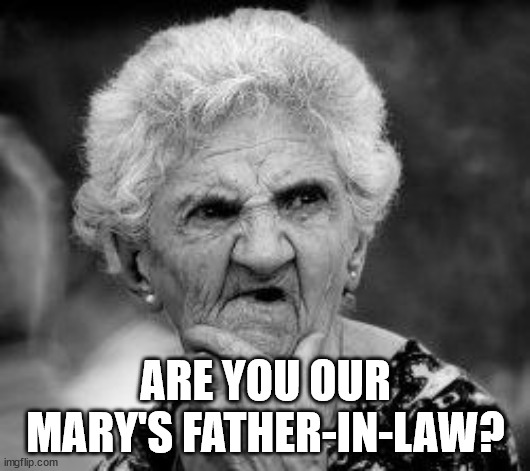 confused old lady | ARE YOU OUR MARY'S FATHER-IN-LAW? | image tagged in confused old lady | made w/ Imgflip meme maker
