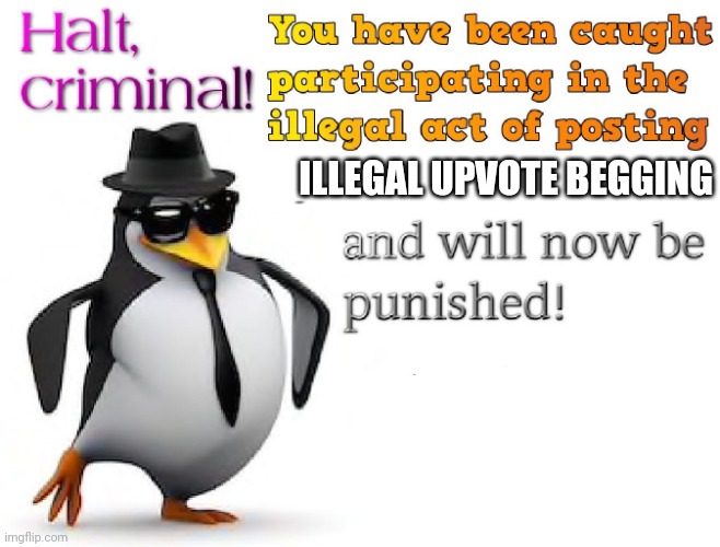 halt criminal! | ILLEGAL UPVOTE BEGGING | image tagged in halt criminal | made w/ Imgflip meme maker