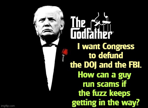 Don Trumpo Corleone feels the heat, can't bribe the cops. | I want Congress to defund the DOJ and the FBI. How can a guy 
run scams if 
the fuzz keeps 
getting in the way? | image tagged in don trump corleone mafia boss,trump,mafia don,hate,doj,fbi | made w/ Imgflip meme maker