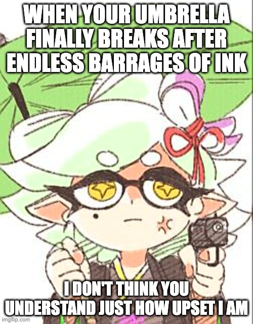 Marie with a gun | WHEN YOUR UMBRELLA FINALLY BREAKS AFTER ENDLESS BARRAGES OF INK; I DON'T THINK YOU UNDERSTAND JUST HOW UPSET I AM | image tagged in marie with a gun | made w/ Imgflip meme maker