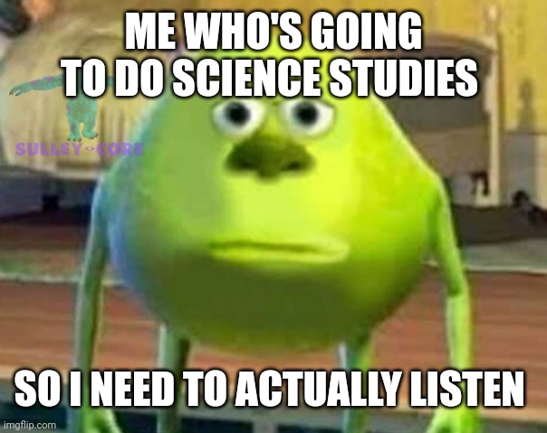 Monsters Inc | ME WHO'S GOING TO DO SCIENCE STUDIES SO I NEED TO ACTUALLY LISTEN | image tagged in monsters inc | made w/ Imgflip meme maker