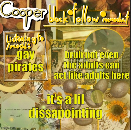 cooper’s announcement temp | bruh not even the adults can act like adults here; gay pirates; it’s a lil dissapointing | image tagged in cooper s announcement temp | made w/ Imgflip meme maker