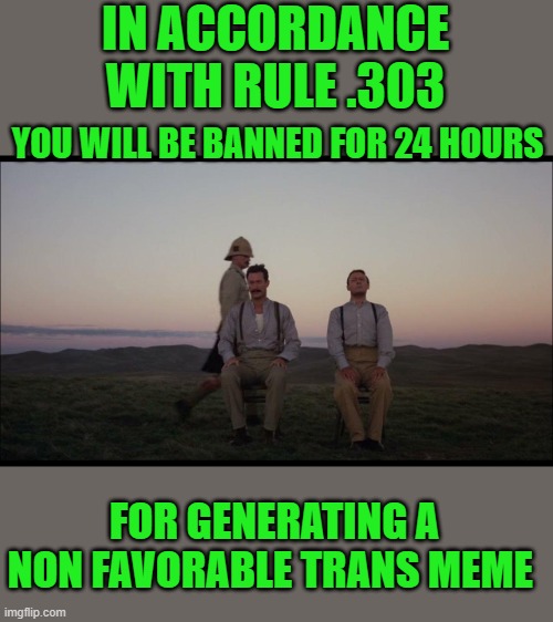 yep | IN ACCORDANCE WITH RULE .303; YOU WILL BE BANNED FOR 24 HOURS; FOR GENERATING A NON FAVORABLE TRANS MEME | image tagged in rules | made w/ Imgflip meme maker