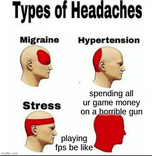 and u cant buy more money with real money since u spent it all on adopt me | spending all ur game money on a horrible gun; playing fps be like | image tagged in types of headaches meme | made w/ Imgflip meme maker