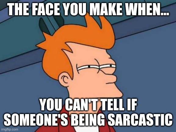 I hate it when people dont make it clear if they're being sarcastic | THE FACE YOU MAKE WHEN... YOU CAN'T TELL IF SOMEONE'S BEING SARCASTIC | image tagged in memes,futurama fry | made w/ Imgflip meme maker
