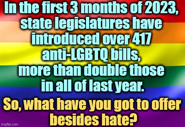 Pathetic | In the first 3 months of 2023, 
state legislatures have 
introduced over 417 
anti-LGBTQ bills, 
more than double those 
in all of last year. So, what have you got to offer 
besides hate? | image tagged in conservative,right wing,republican,haters,homophobia | made w/ Imgflip meme maker