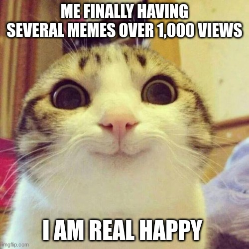 Finally | ME FINALLY HAVING SEVERAL MEMES OVER 1,000 VIEWS; I AM REAL HAPPY | image tagged in memes,smiling cat | made w/ Imgflip meme maker