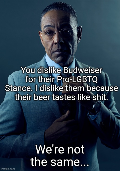 Budweiser | You dislike Budweiser for their Pro-LGBTQ Stance. I dislike them because their beer tastes like shit. We're not the same... | image tagged in we are not the same | made w/ Imgflip meme maker