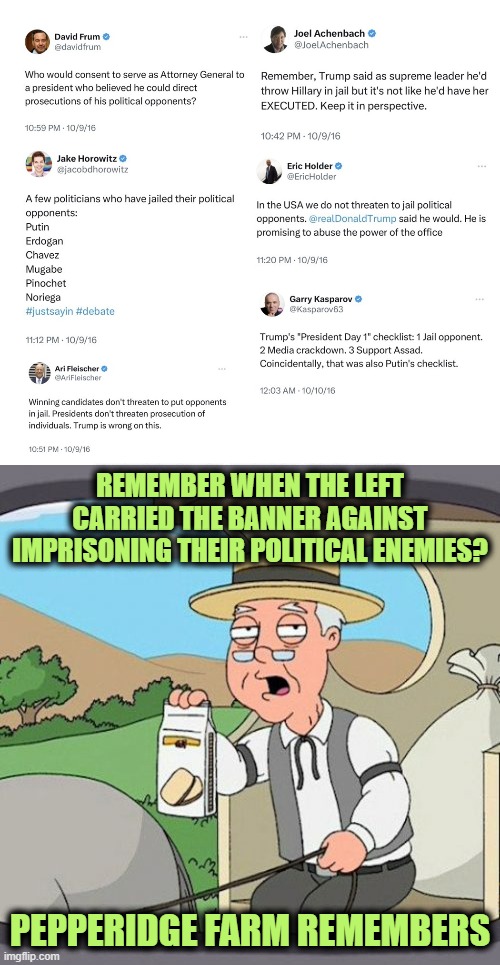 When the Wolves were wearing the Sheep's Clothing | REMEMBER WHEN THE LEFT CARRIED THE BANNER AGAINST IMPRISONING THEIR POLITICAL ENEMIES? PEPPERIDGE FARM REMEMBERS | image tagged in memes,pepperidge farm remembers | made w/ Imgflip meme maker