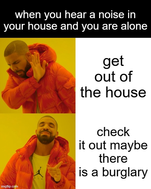 when you hear a noise in your house and you are alone | when you hear a noise in your house and you are alone; get out of the house; check it out maybe there is a burglary | image tagged in memes,drake hotline bling | made w/ Imgflip meme maker