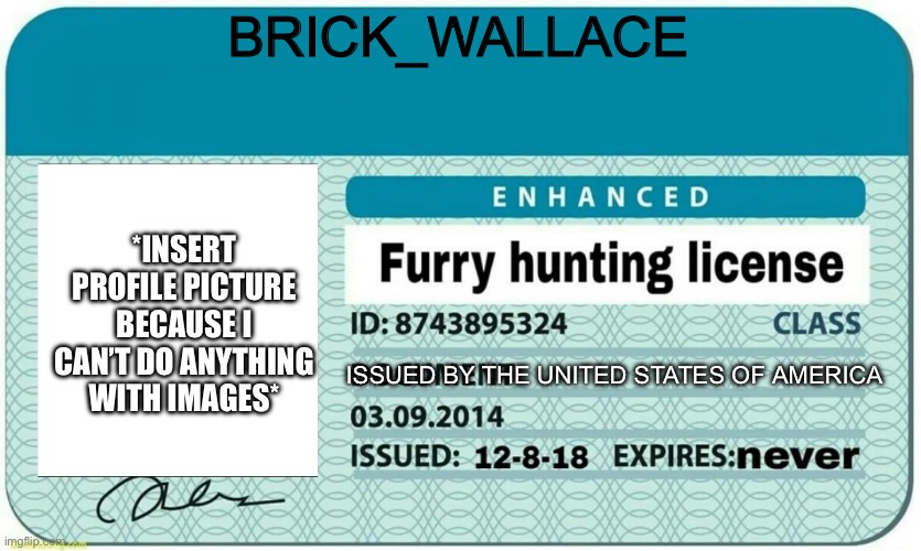 furry hunting license | BRICK_WALLACE ISSUED BY THE UNITED STATES OF AMERICA *INSERT PROFILE PICTURE BECAUSE I CAN’T DO ANYTHING WITH IMAGES* | image tagged in furry hunting license | made w/ Imgflip meme maker
