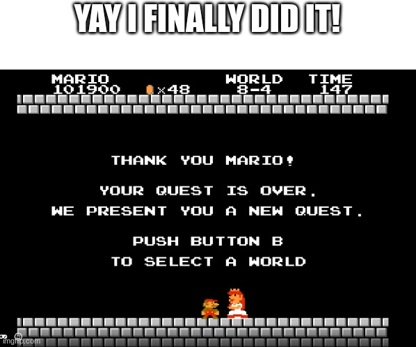 Yay, I beat Super Mario Bros! | YAY I FINALLY DID IT! | image tagged in mario,super mario | made w/ Imgflip meme maker
