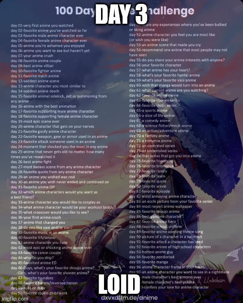 100 day anime challenge | DAY 3; LOID | image tagged in 100 day anime challenge | made w/ Imgflip meme maker