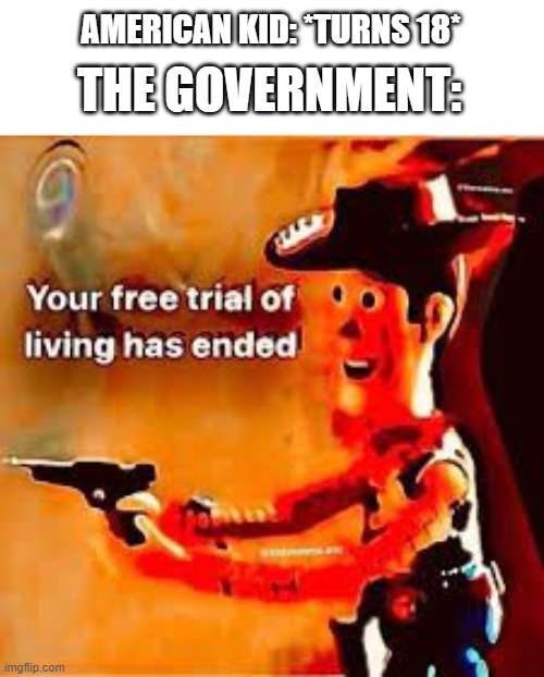 Oh boy!  Taxes and Bills | AMERICAN KID: *TURNS 18*; THE GOVERNMENT: | image tagged in us government,the united states,land of the taxes,oh wow are you actually reading these tags,funny,memes | made w/ Imgflip meme maker
