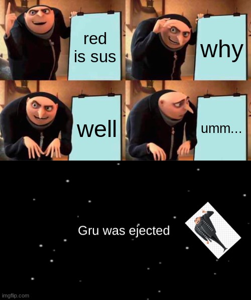 Gru in among us | red is sus; why; well; umm... | image tagged in memes,gru's plan | made w/ Imgflip meme maker