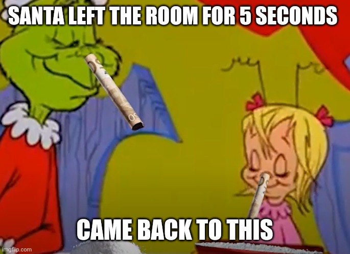 Grinch Cocaine | SANTA LEFT THE ROOM FOR 5 SECONDS; CAME BACK TO THIS | image tagged in grinch cocaine | made w/ Imgflip meme maker