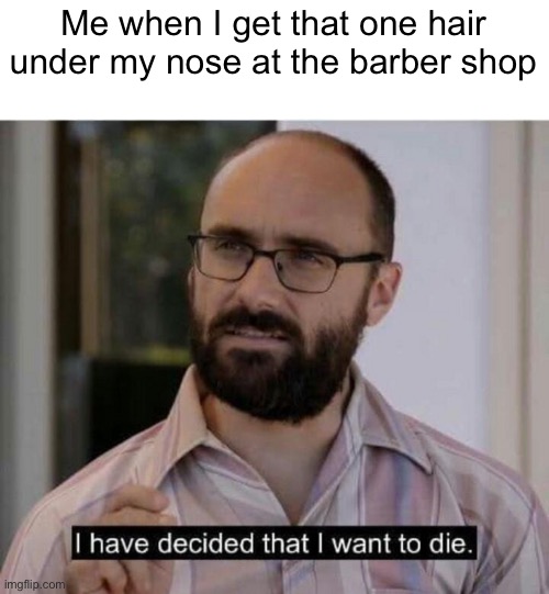 So true | Me when I get that one hair under my nose at the barber shop | image tagged in i have decided that i want to die,memes | made w/ Imgflip meme maker