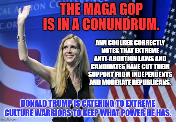 "Rock.  Meet Hard Place." | THE MAGA GOP IS IN A CONUNDRUM. ANN COULRER CORRECTLY NOTES THAT EXTREME ANTI-ABORTION LAWS AND CANDIDATES HAVE CUT THEIR SUPPORT FROM INDEPENDENTS AND MODERATE REPUBLICANS. DONALD TRUMP IS CATERING TO EXTREME CULTURE WARRIORS TO KEEP WHAT POWER HE HAS. | image tagged in politics | made w/ Imgflip meme maker