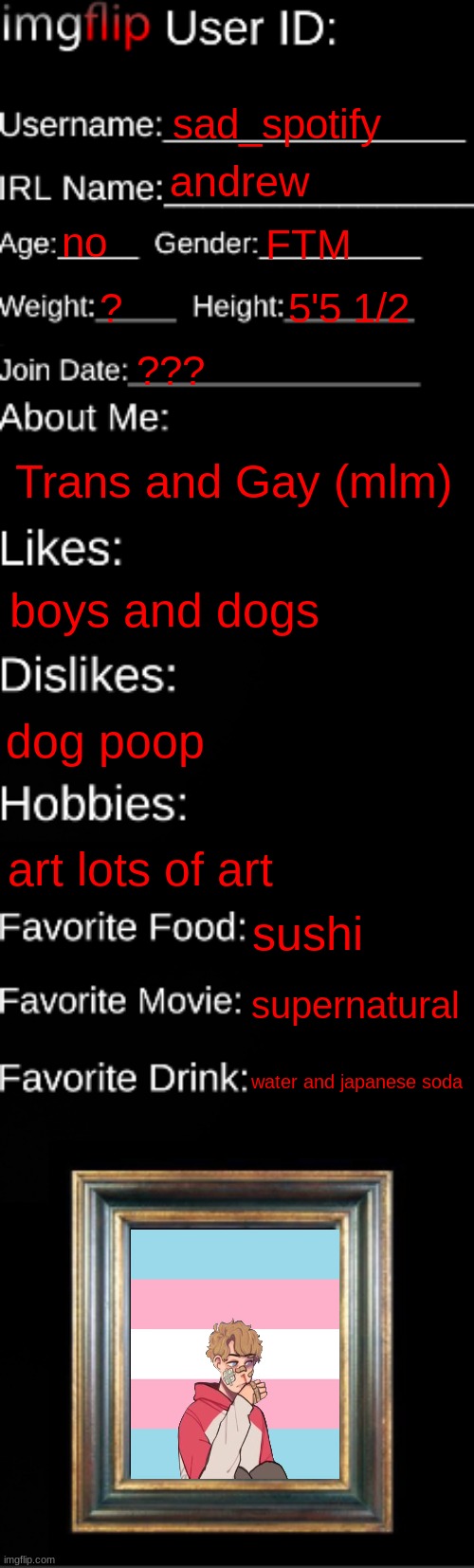 imgflip ID Card | sad_spotify; andrew; no; FTM; ? 5'5 1/2; ??? Trans and Gay (mlm); boys and dogs; dog poop; art lots of art; sushi; supernatural; water and japanese soda | image tagged in imgflip id card | made w/ Imgflip meme maker
