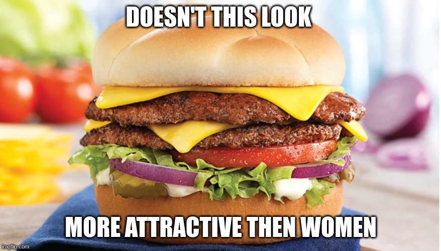 Culvers whopper | DOESN'T THIS LOOK; MORE ATTRACTIVE THEN WOMEN | image tagged in culvers whopper | made w/ Imgflip meme maker