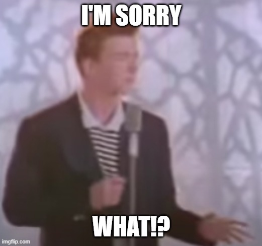 i'm sorry what? (rick astley) | I'M SORRY WHAT!? | image tagged in i'm sorry what rick astley | made w/ Imgflip meme maker