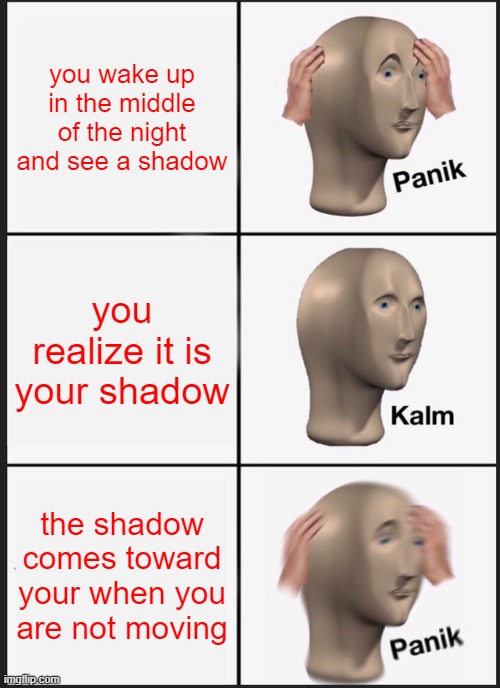 Oh no | you wake up in the middle of the night and see a shadow; you realize it is your shadow; the shadow comes toward your when you are not moving | image tagged in memes,panik kalm panik | made w/ Imgflip meme maker