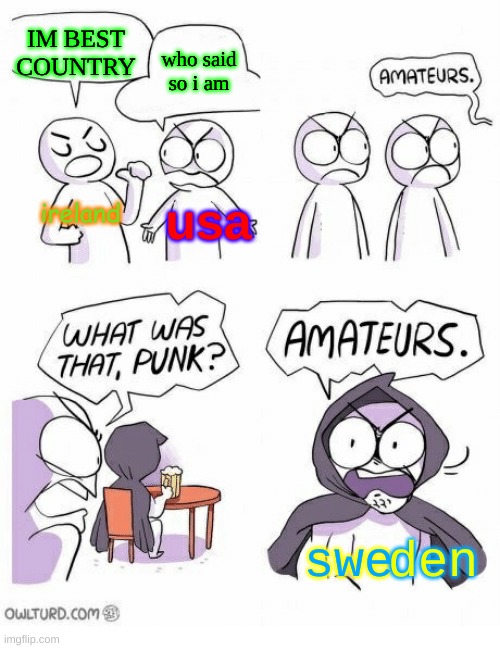 sweden | IM BEST COUNTRY; who said so i am; ireland; usa; den; swe | image tagged in amateurs,sweden | made w/ Imgflip meme maker