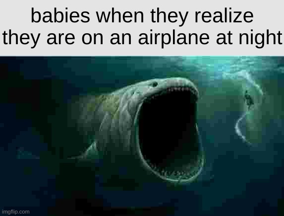 Bigg shark | babies when they realize they are on an airplane at night | image tagged in bigg shark | made w/ Imgflip meme maker