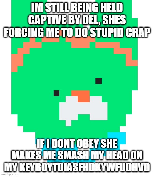 pixel tweak | IM STILL BEING HELD CAPTIVE BY DEL, SHES FORCING ME TO DO STUPID CRAP; IF I DONT OBEY SHE MAKES ME SMASH MY HEAD ON MY KEYBOYTDIASFHDKYWFUDHVD | image tagged in pixel tweak | made w/ Imgflip meme maker