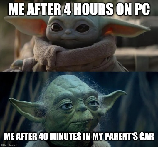 You can confirm | ME AFTER 4 HOURS ON PC; ME AFTER 40 MINUTES IN MY PARENT'S CAR | image tagged in young vs old | made w/ Imgflip meme maker