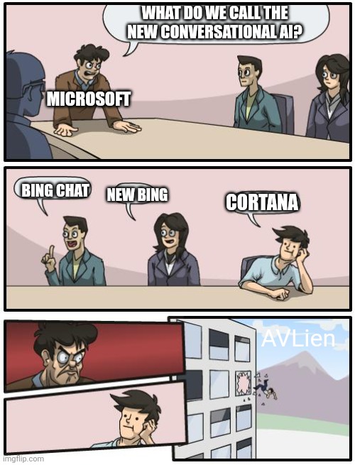 boardroom suggestion | WHAT DO WE CALL THE NEW CONVERSATIONAL AI? MICROSOFT; CORTANA; BING CHAT; NEW BING; AVLien | image tagged in boardroom suggestion | made w/ Imgflip meme maker