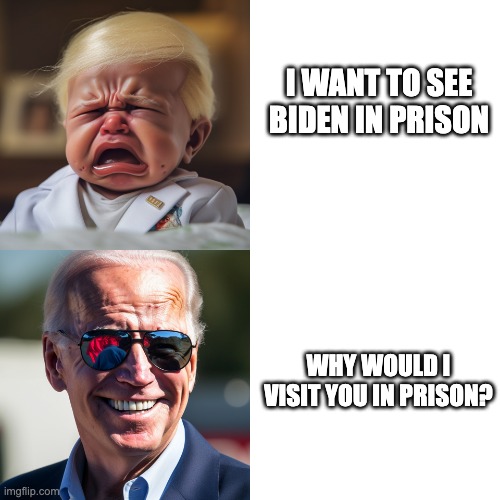 Face the consequences of your actions, baby trump | I WANT TO SEE BIDEN IN PRISON; WHY WOULD I VISIT YOU IN PRISON? | image tagged in baby trump and dark brandon | made w/ Imgflip meme maker