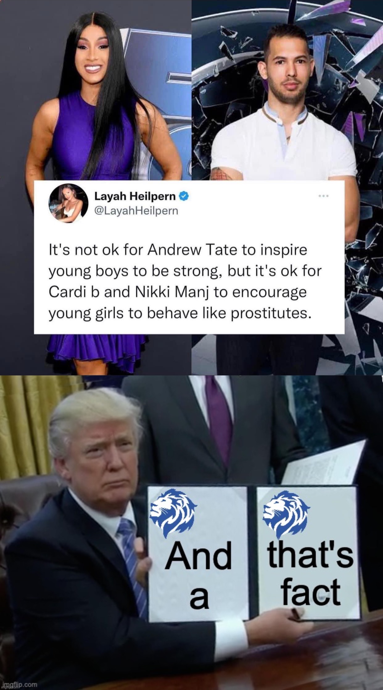 image tagged in andrew tate vs cardi b,donald trump conservative party and that s a fact | made w/ Imgflip meme maker