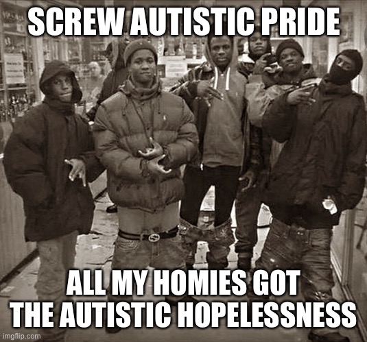 Me frfrfr | SCREW AUTISTIC PRIDE; ALL MY HOMIES GOT THE AUTISTIC HOPELESSNESS | image tagged in all my homies love,balls | made w/ Imgflip meme maker