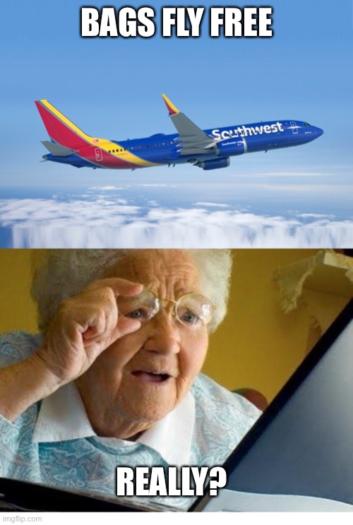 BAGS FLY FREE REALLY? | image tagged in southwest airlines,old lady at computer | made w/ Imgflip meme maker