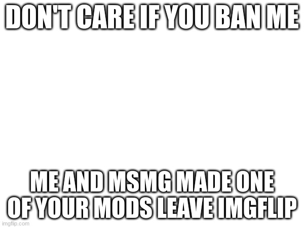DON'T CARE IF YOU BAN ME; ME AND MSMG MADE ONE OF YOUR MODS LEAVE IMGFLIP | made w/ Imgflip meme maker