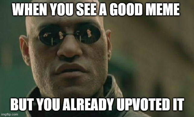 I'm flabbergasted | WHEN YOU SEE A GOOD MEME; BUT YOU ALREADY UPVOTED IT | image tagged in memes,matrix morpheus | made w/ Imgflip meme maker