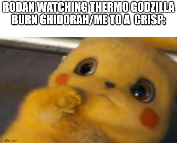 Scared Pikachu | RODAN WATCHING THERMO GODZILLA BURN GHIDORAH/ME TO A  CRISP: | image tagged in scared pikachu | made w/ Imgflip meme maker