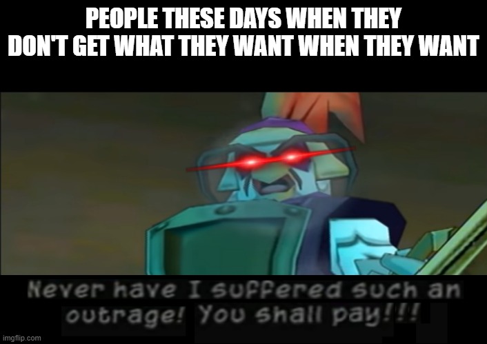 Stupid crybabies | PEOPLE THESE DAYS WHEN THEY DON'T GET WHAT THEY WANT WHEN THEY WANT | image tagged in never have i suffered such an outrage you shall pay,memes,relatable,telling it like it is,sly cooper,society sucks | made w/ Imgflip meme maker