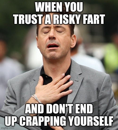 relieved rdj | WHEN YOU TRUST A RISKY FART; AND DON'T END UP CRAPPING YOURSELF | image tagged in relieved rdj | made w/ Imgflip meme maker