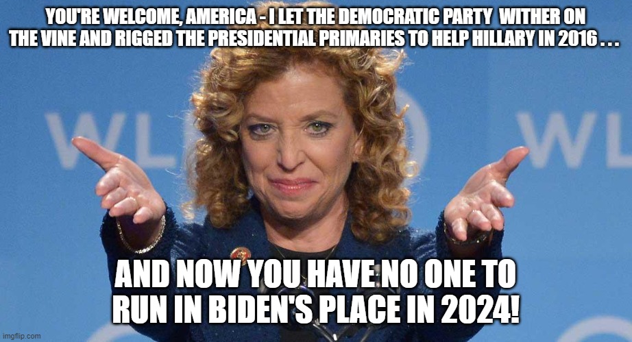 Evil Debbie Wasserman Schultz Democratic Party Destroyer | YOU'RE WELCOME, AMERICA - I LET THE DEMOCRATIC PARTY  WITHER ON THE VINE AND RIGGED THE PRESIDENTIAL PRIMARIES TO HELP HILLARY IN 2016 . . . AND NOW YOU HAVE NO ONE TO RUN IN BIDEN'S PLACE IN 2024! | image tagged in evil debbie wasserman schultz,democrats,destroyer of the democratic party | made w/ Imgflip meme maker