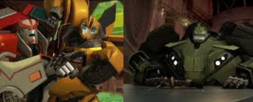 High Quality Ratchet (Being Held Back By Bumblebee) Yelling At Bulkhead Blank Meme Template