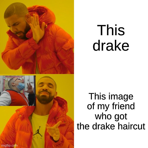 he didn't actually meant to get that type of haircut, but somebody said that he looked like drake | This drake; This image of my friend who got the drake haircut | image tagged in memes,drake hotline bling | made w/ Imgflip meme maker