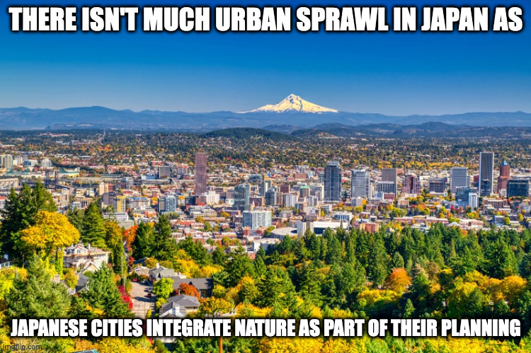 Japanese Cities | THERE ISN'T MUCH URBAN SPRAWL IN JAPAN AS; JAPANESE CITIES INTEGRATE NATURE AS PART OF THEIR PLANNING | image tagged in city,memes | made w/ Imgflip meme maker