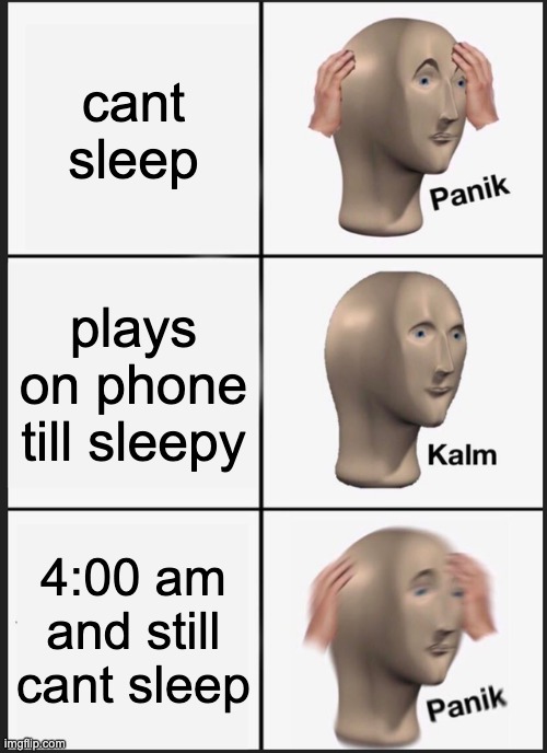 Image Title | cant sleep; plays on phone till sleepy; 4:00 am and still cant sleep | image tagged in memes,panik kalm panik | made w/ Imgflip meme maker
